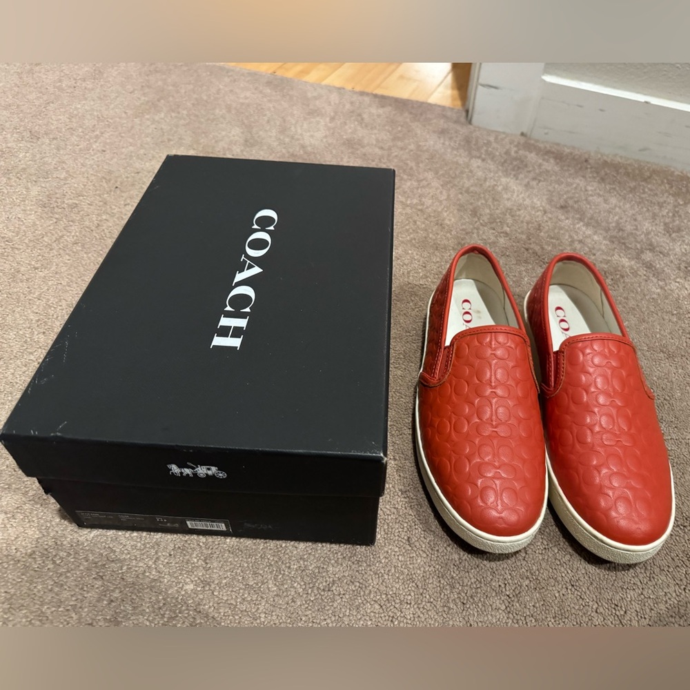 Coach Red Leather Symbol Embossed Slip-On Sneakers. Size 8.5